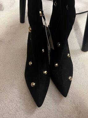 Black Suede Pointed Toe Studded Ankle Boots